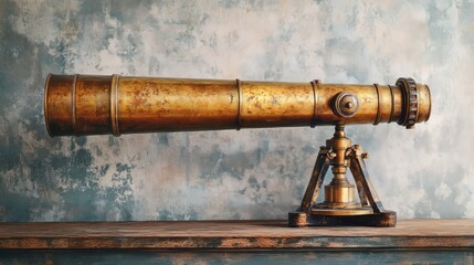 Obraz premium A rustic brass telescope with textured details, soft gray gradient background 