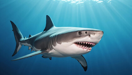Obraz premium Magnificent Great White Shark Underwater Close-Up, Ocean Predator, Powerful Jaws, Marine Wildlife, Aquatic Animal, Deep Sea, Sunbeams