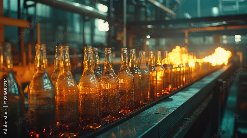 Poster Glass bottles passing through a conveyor, being pasteurized with fire, in a factory setting, emphasizing the advanced production methods of beverages