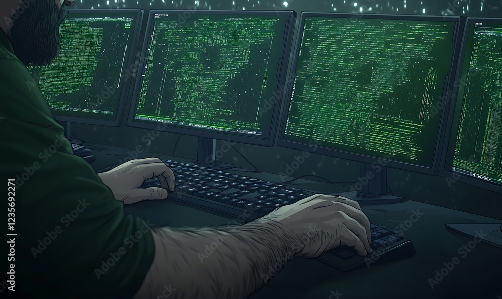 Aufkleber Close-up image of a programmer focused on blockchain technology development.