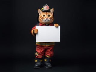 Firefighter cat in helmet with banner
