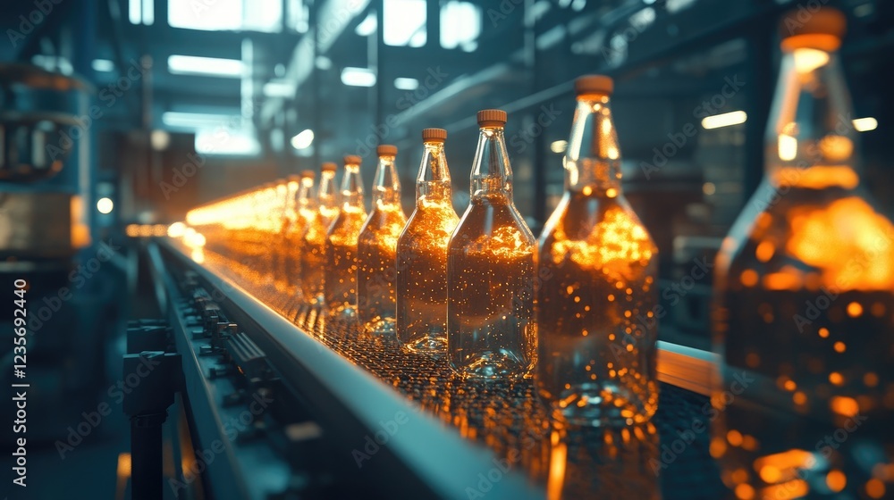 Poster Glass bottles passing through a conveyor, being pasteurized with fire, in a factory setting, emphasizing the advanced production methods of beverages