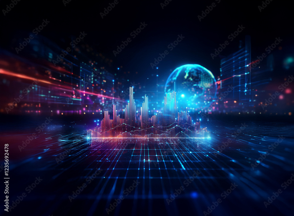 Poster a futuristic cityscape with a glowing digital globe and data visualization, representing global conn
