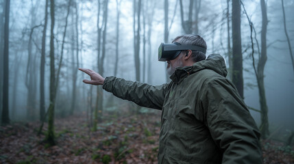 Futuristic exploration through VR in a serene natural setting