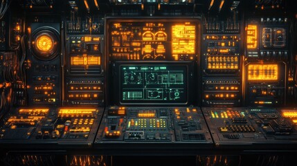 A futuristic control panel filled with glowing buttons and screens, suggesting advanced technology.