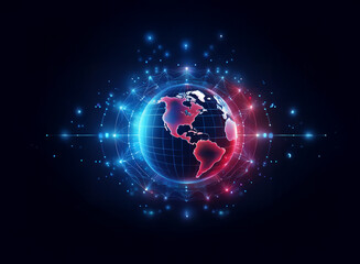 Obraz premium A digital rendering of Earth, highlighted with red and blue glowing energy, surrounded by data streams, symbolizes global connectivity and digital transformation.