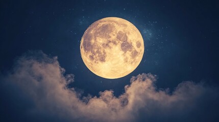 Full moon rising above clouds, night sky, stars, romantic backdrop