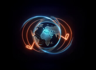 A digital globe encircled by glowing, swirling energy, suggesting global connection and technological advancement.  The vibrant blue and orange light trails evoke a sense of movement and progress.