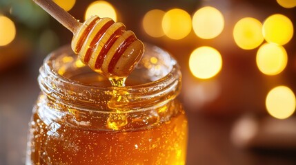 Beautiful Honey Dripping from Wooden Dipper into Glass Jar