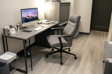 Modern Minimalist Office Workspace with Grey Desk and Ergonomic Chair