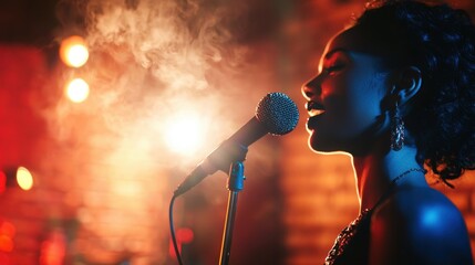 A Singer Performing on Stage with Spotlight and Smoky Atmosphere