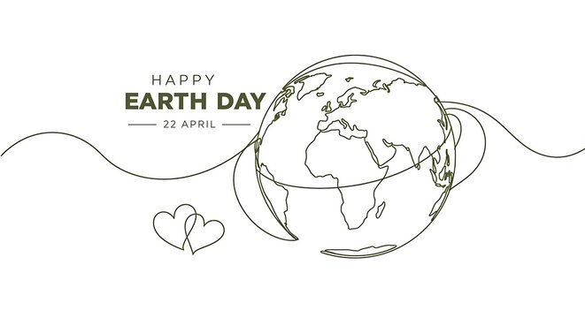 Happy earth day banner by green continuous single line drawing heart embrace and world map isolated on white background for banner in concept environment, ecology, eco friendly