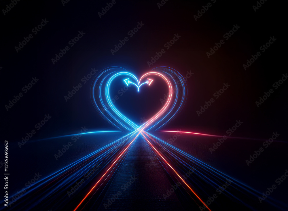 Canvas Prints Glowing neon heart symbol formed by light trails converging on a dark background, creating a romantic and futuristic atmosphere.  The vibrant blue and red hues illuminate the scene.