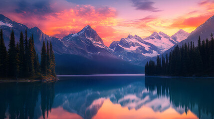 Serene Mountainous Sunrise Reflecting Off Tranquil Lake with Pine Trees and Snow-Capped Peaks