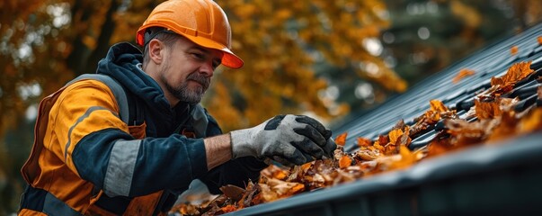 Autumn Gutter Cleaning Expert Fall Cleanup Specialist Maintaining Gutters, Wearing Safety Gloves and Protective Gear Ensuring efficient drainage and preventing costly home damage with professional