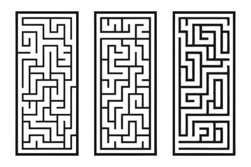 A digital artwork featuring three black and white maze designs arranged in a row. The mazes are intricate and complex, with multiple paths and dead ends. The mazes are symmetrical and have a grid-like
