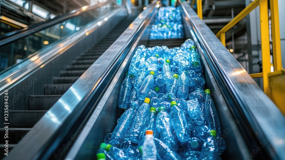 Poster plastic bottles stacked near an escalator at a factory, waiting to be processed in a pet recycling p