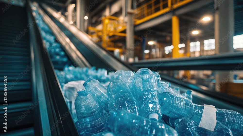 Poster plastic bottles stacked near an escalator at a factory, waiting to be processed in a pet recycling p