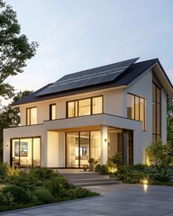 A modern house with large windows, solar panels on the roof, and landscaped surroundings, showcasing a blend of contemporary design and sustainability.