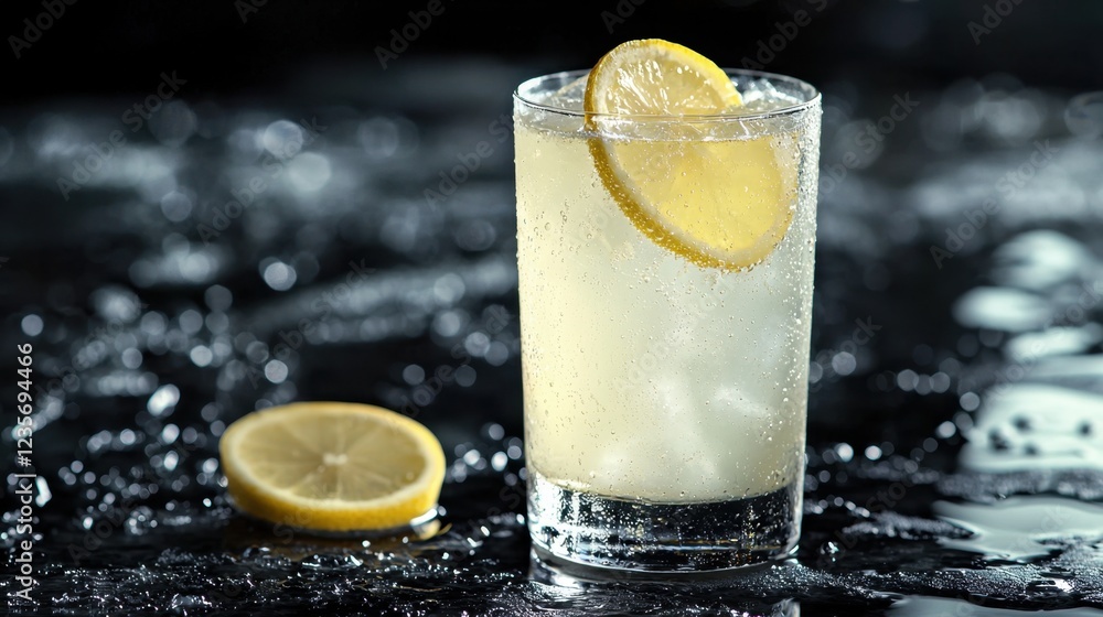 Poster refreshing lemonade drink with citrus slice in glass on table