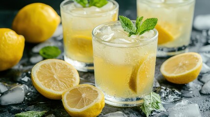 Refreshing Lemonade with Mint Leaves and Ice in Clear Glasses