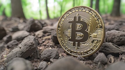 Golden Bitcoin Coin on Natural Ground Surrounded by Nature Elements