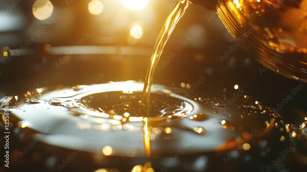 Poster Sunlight reflecting on motor oil as it drips from a container into a clean engine, creating a moment of precision and care