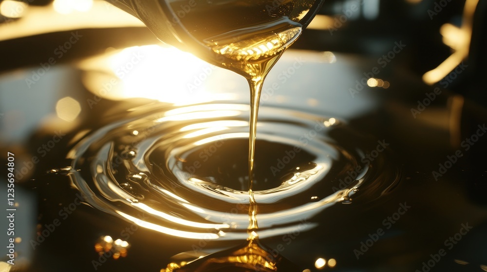 Poster Sunlight reflecting on motor oil as it drips from a container into a clean engine, creating a moment of precision and care