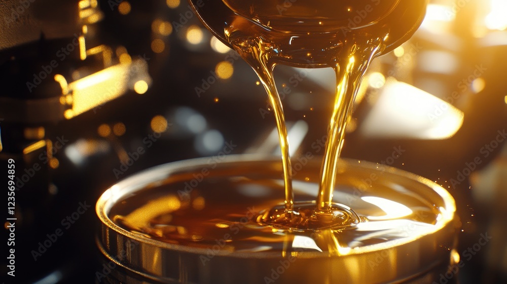 Poster Sunlight reflecting on motor oil as it drips from a container into a clean engine, creating a moment of precision and care