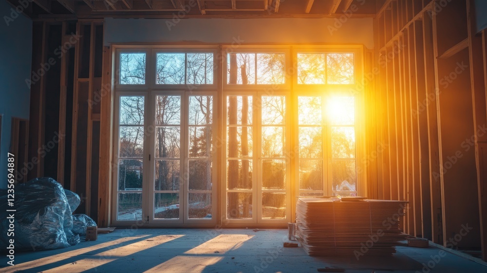 Poster sunlight streaming through newly installed windows in a home, with construction materials stacked ar