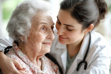 Compassionate Doctor Providing Senior Care Elderly Woman in Wheelchair Receives Warmth, Empathy, and Trust from Caring Physician Image depicts a heartfelt moment of connection between a senior