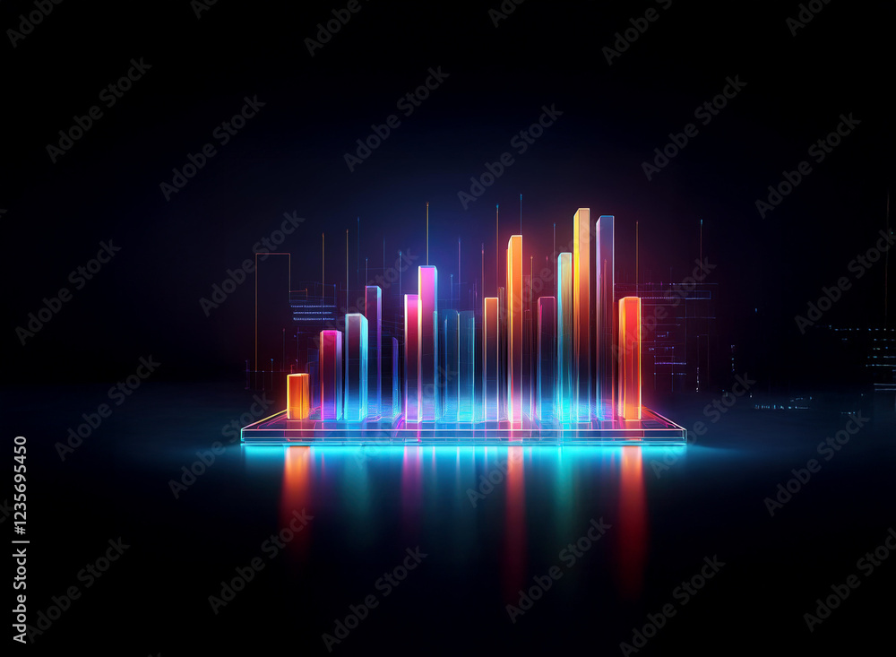 Poster vibrant, glowing bar graph displayed on a futuristic tablet, reflecting on a dark surface. the image