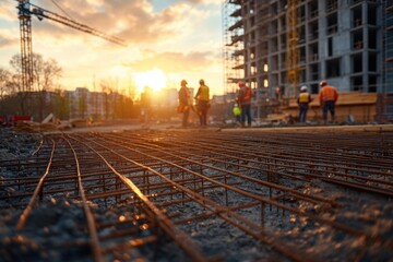 Construction site at sunset A team of skilled builders expertly assemble robust wooden beams, showcasing teamwork and precision in modern construction The image captures the essence of diligent