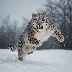 Obraz premium A snow leopard gracefully leaping through the air