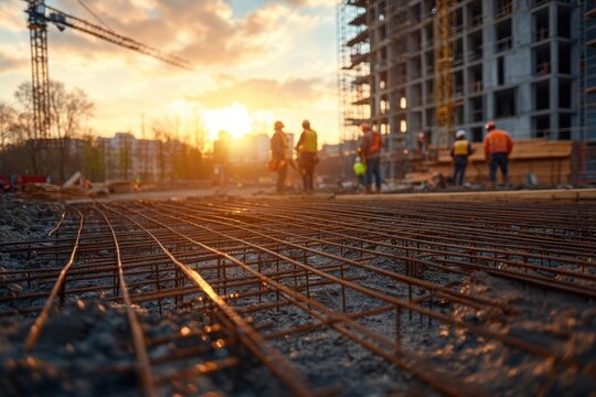 Construction site at sunset A team of skilled builders expertly assemble robust wooden beams, showcasing teamwork and precision in modern construction The image captures the essence of diligent