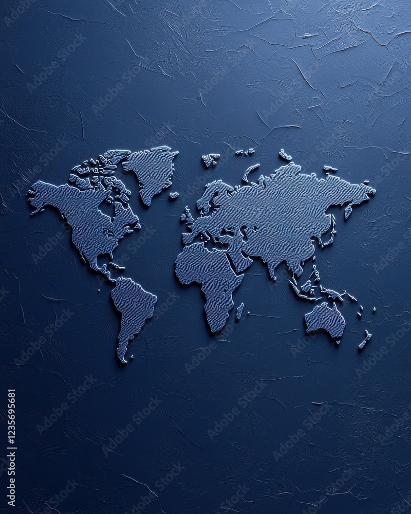 Poster a textured world map design in blue, showcasing continents in a subtle and artistic style against a 