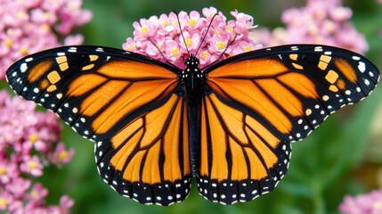 Fototapeta premium Monarch Butterfly Sitting on Pink Flowers in Natural Habitat