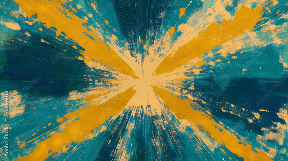 Poster striking abstract artwork featuring radial patterns in vibrant blue and yellow hues with dynamic bru