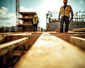Construction workers demonstrate teamwork and efficiency while assembling a wooden framework for a new building project Skilled professionals meticulously constructing the foundation, showcasing