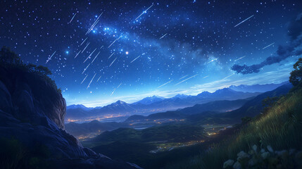 Starry Night Sky Illuminates Remote Mountains While Shooting Stars Dance Above Tranquil Valleys. Generative AI
