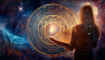 宇宙の時空を表すスピリチュアルな空間とアカシックレコードの書物を持つ女性の後ろ姿のシルエットのイラスト。aiで生成