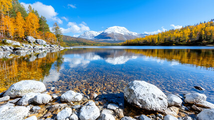 Autumn lake, mountain reflection, clear water, golden trees, scenic landscape, travel poster