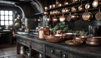 Discover the Charm of a Rustic Kitchen Traditional Setting with Wholesome Ingredients and Authentic Copper Cookware Experience the warmth of a farmhouse kitchen, filled with the aroma of freshly