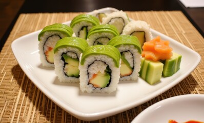 Colorful sushi rolls with decorative garnishes.