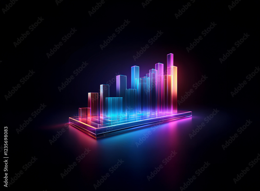 Aufkleber neon-lit glass bars ascend in a dynamic upward trend, set against a stark black background. the vibr