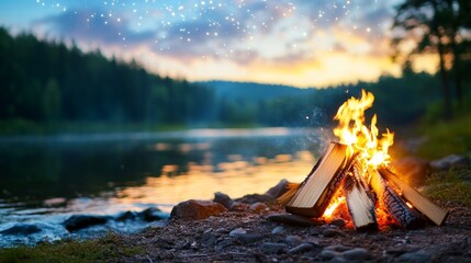 Naklejka premium Campfire burning books by tranquil river at sunset, magical forest background, ideal for adventure travel marketing