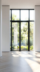 Fototapeta premium Modern Interior with Black-Framed Window and Herringbone Flooring