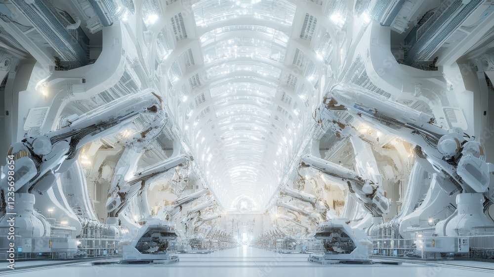 Poster futuristic robotic assembly line showcasing advanced technology in a spacious, illuminated factory