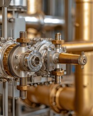 Fototapeta premium A detailed view of industrial piping and valves, showcasing metallic components and fittings in a complex machinery setup.