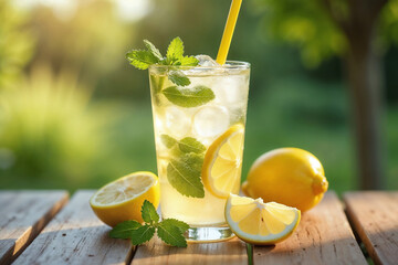 Fototapeta premium Refreshing Homemade Lemonade with Fresh Mint in Sunlit Outdoor Setting